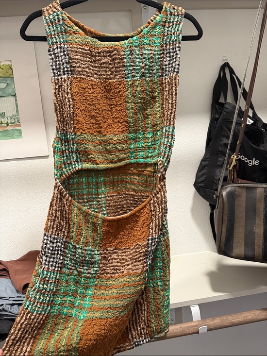 Free People Dresses & Skirts - Free People Textured Plaid Midi Dress in Brown & Green